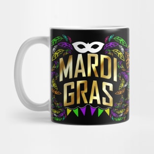 Yellow Golden Logo With Mask, Leaves, Pennant For Mardi Gras Mug